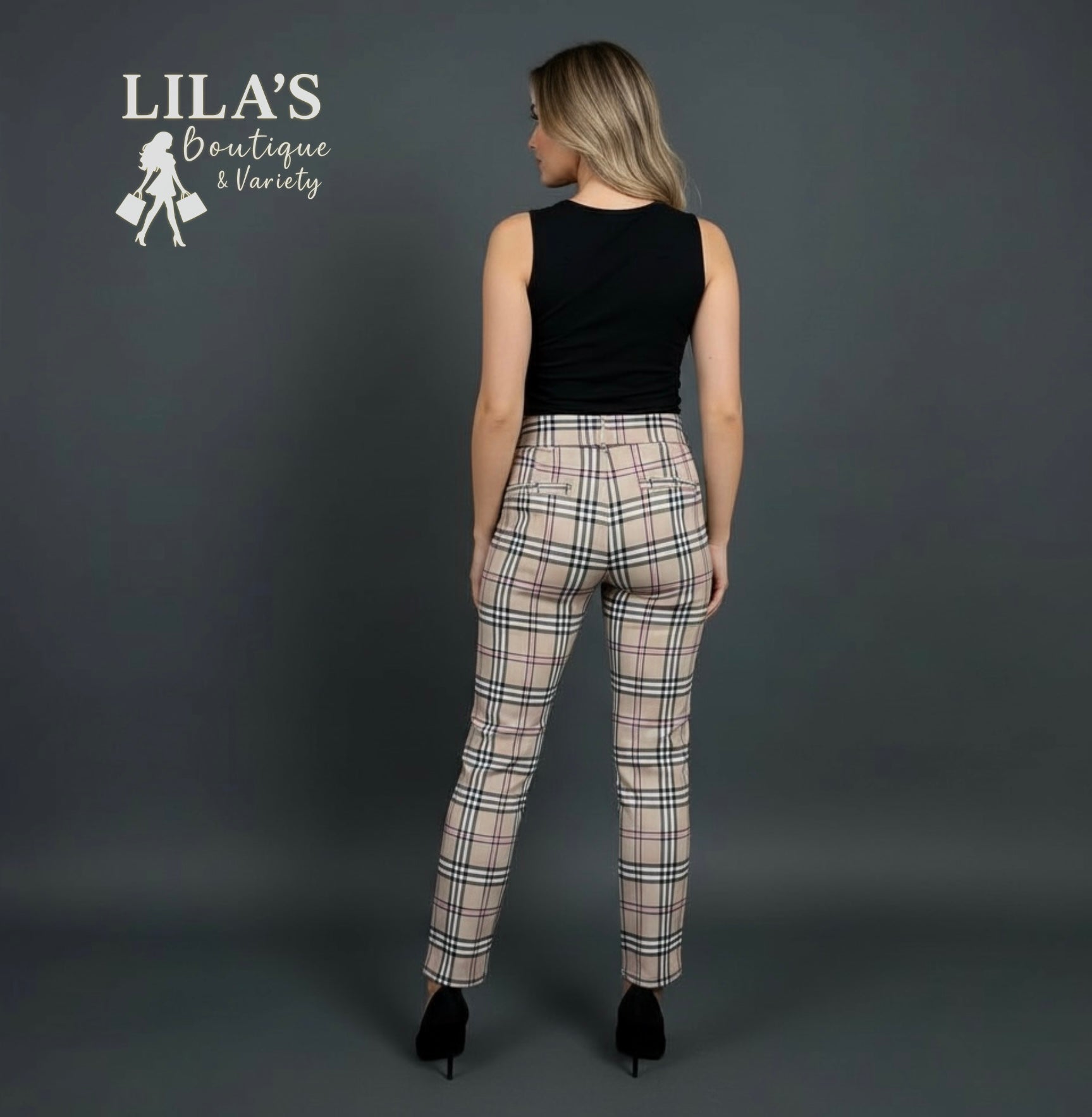 Women’s High Waisted Plaid Dress Pant-Stretch