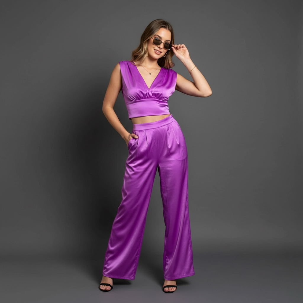 Oops-Womens Silk Two Piece Top and Pants Set
