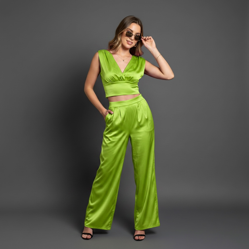 Oops-Womens Silk Two Piece Top and Pants Set